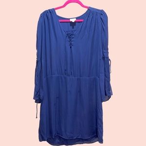 Parker Navy Blue Silky Dress Lace-Up Tie Front Split Bell Sleeves